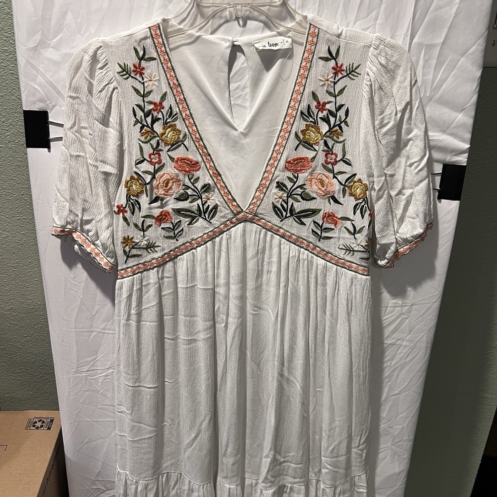 In Loom Women's M White Embroidered Babydoll Midi Dress Hippie Festival Boho